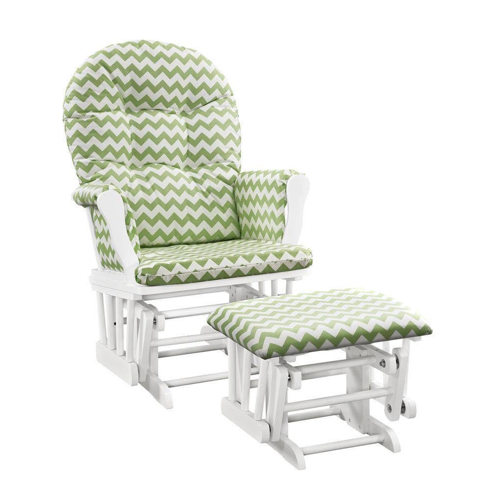 Angel Line Windsor Glider and Ottoman, White Finish and Green Chevron Cushion