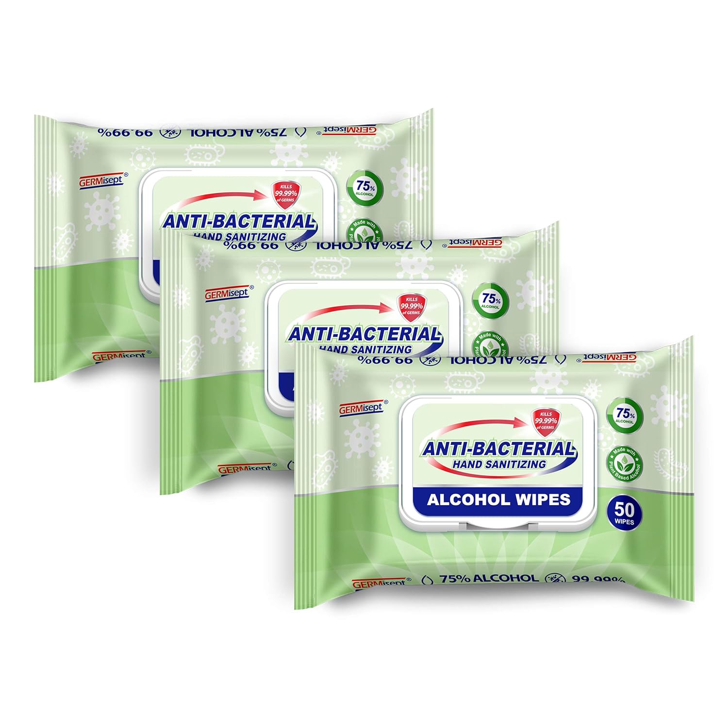 Germisept 75% Alcohol Advanced Hand Sanitizing Wipes 3 Packs of 50 Count / Pack = 150 Wipes