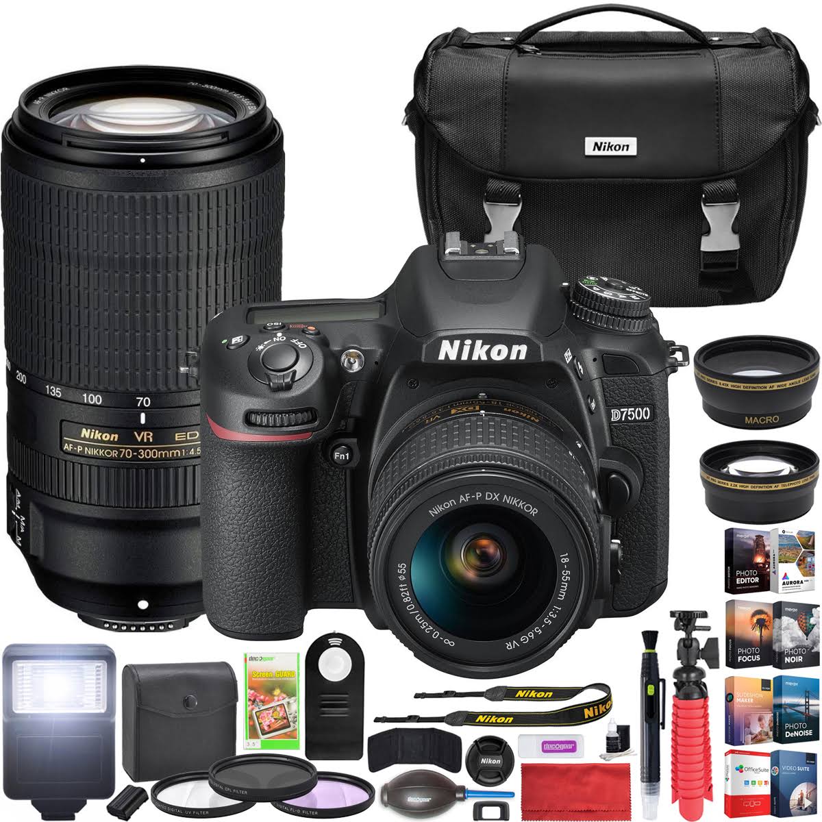Nikon D7500 DSLR Camera 18-55 VR & 70-300 VR + Software & Travel Case Accessory Bundle