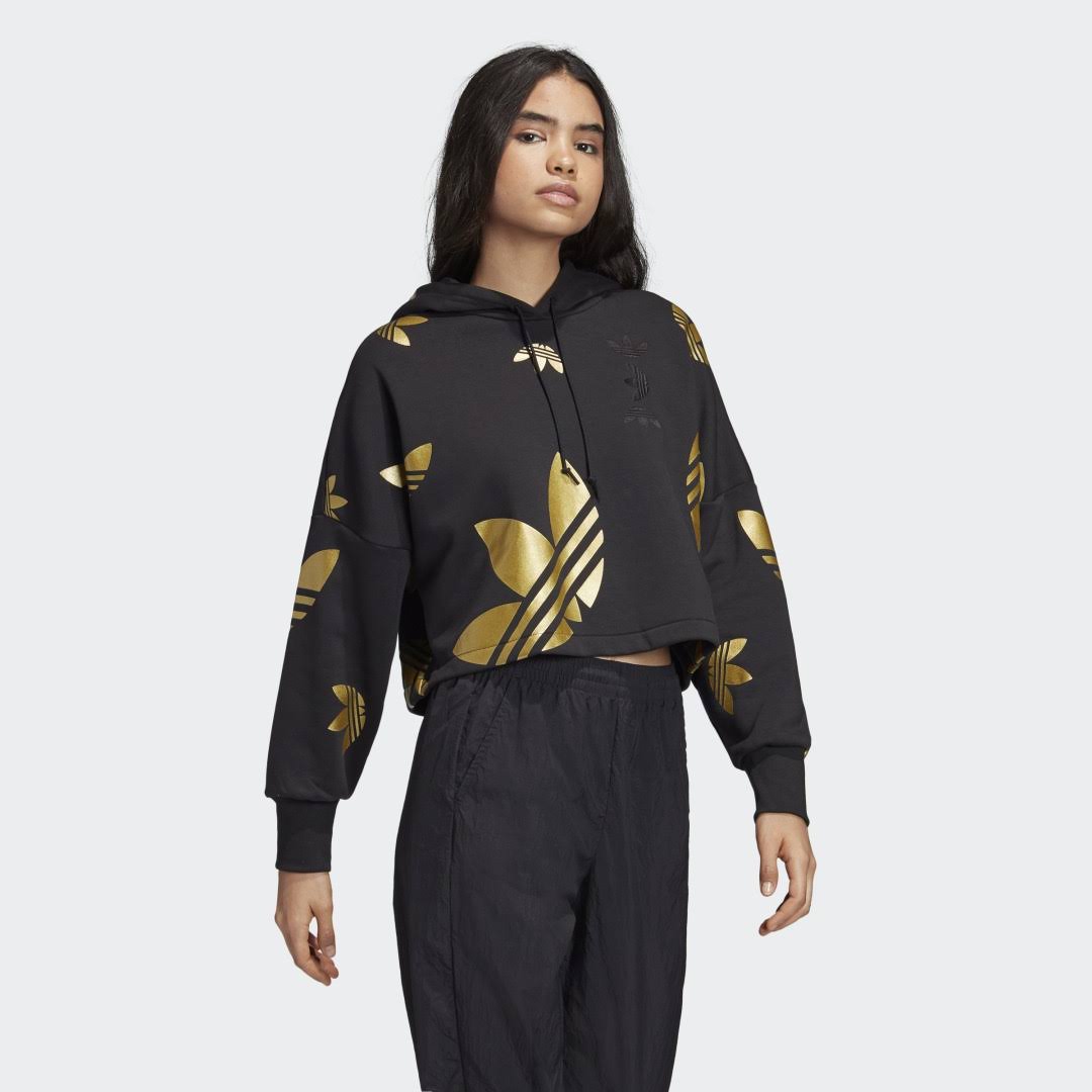 Adidas - Women's Originals Large Logo Cropped Pullover Hoodie (Black | Gold Metallic)