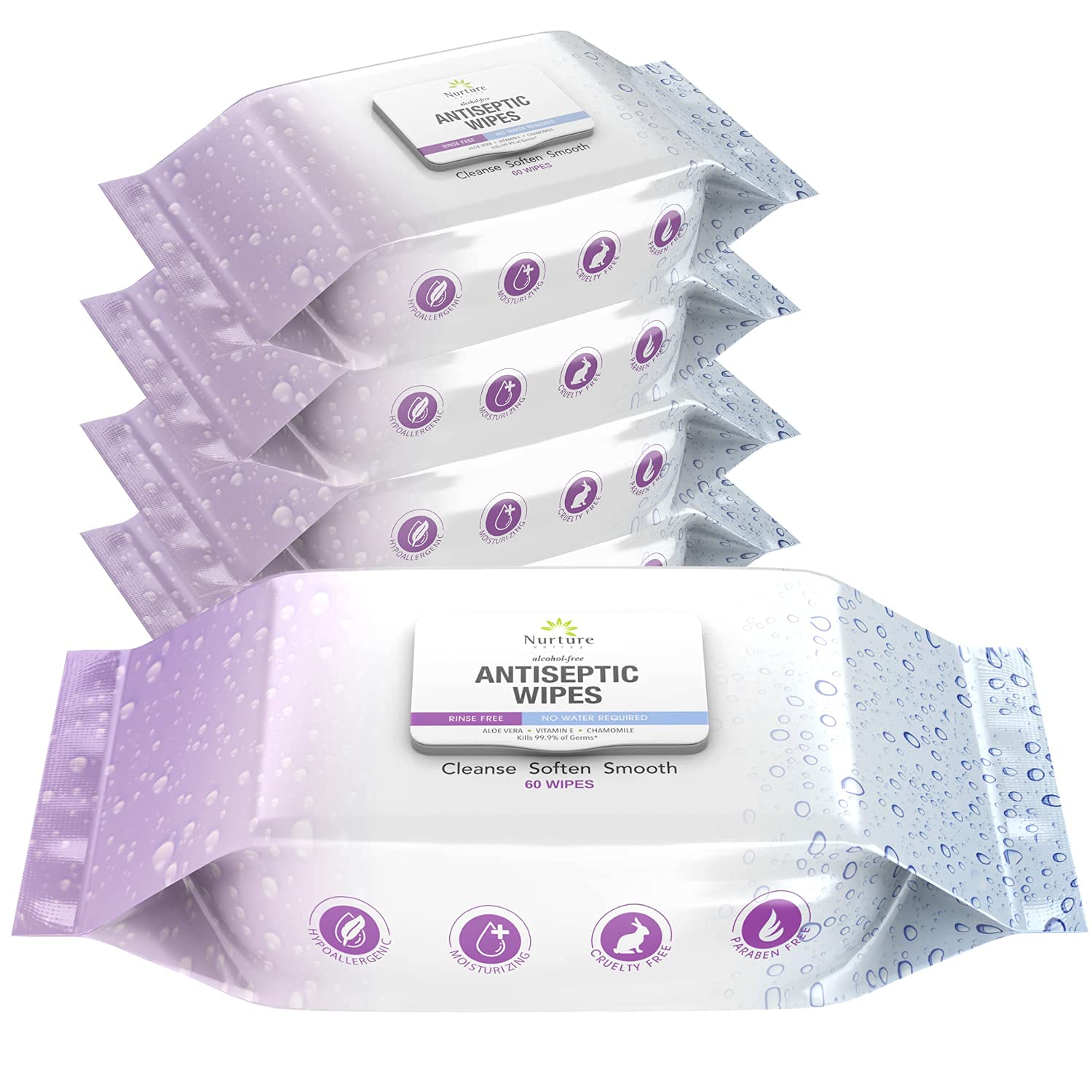 Antibacterial Hand & Body Sanitizing Bathing Wipes (5 Pack) | 300 Large Alcohol Free Disposable Antiseptic Adult Sponge Bath Cleansing Wipes - No Shower or Rinse - Bedridden Elderly Post Surgery Gym