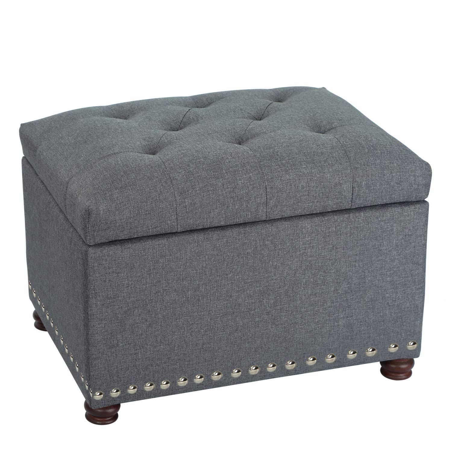 Adeco Classy Linen Blend Fabric Accents Rectangular Storage Bench Ottoman Footstool Grey