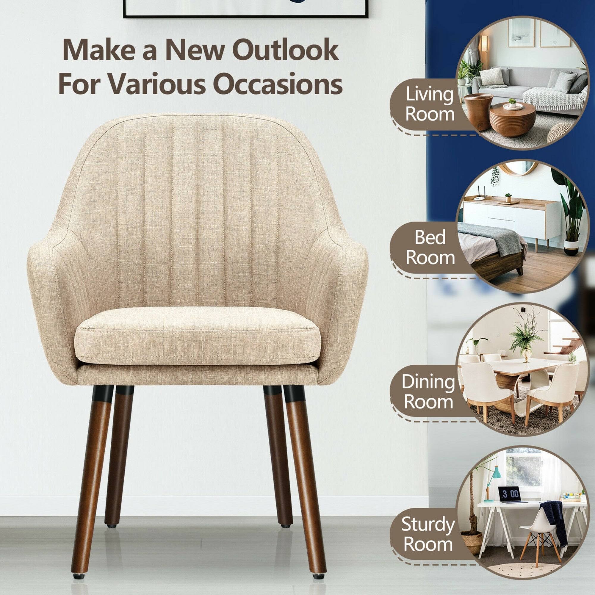 Gymax Set of 2 Accent Chairs Fabric Upholstered Armchairs w/Wooden - 17.5'' x 17.5'' x 3'' - Beige