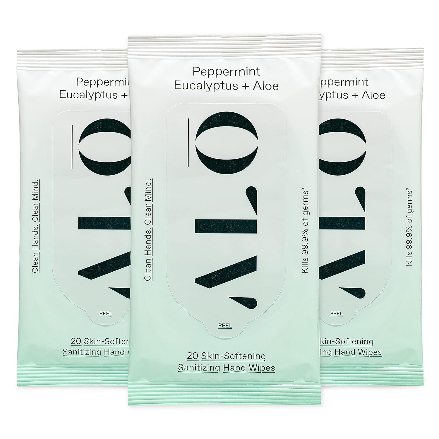 ALō Peppermint Eucalyptus + Aloe Sanitizing Hand Wipes - Clean Hands, Clear Mind - On The Go Hand Sanitizer Wipes for Kids and Adults - Sanitizing Hand Wipes Travel Size (3 Pack, 20ct Wipes)
