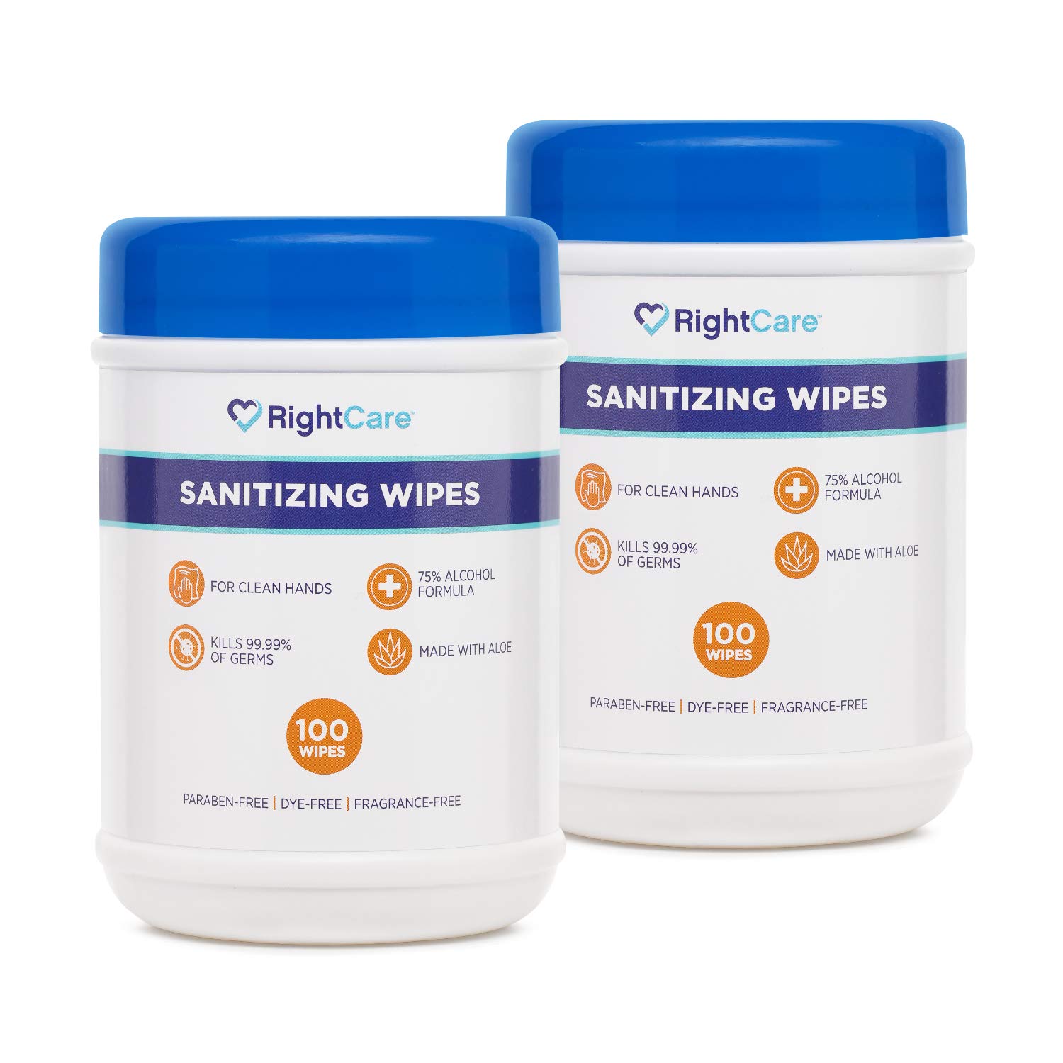 RightCare 75% Alcohol Hand Sanitizing Wipes with Aloe, 100ct Canister, 2 Pack