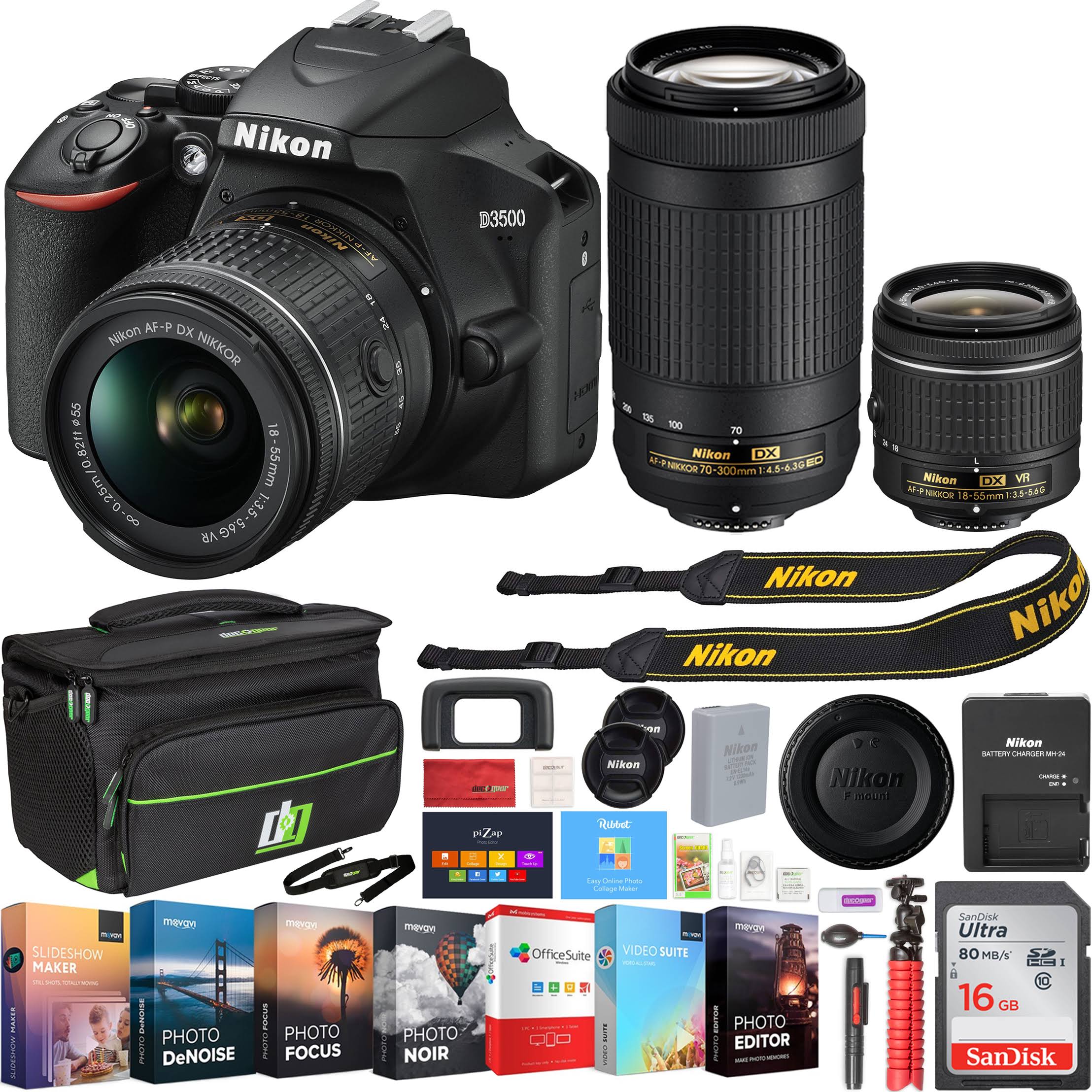 Nikon D3500 24.2MP DSLR Camera w/ 18-55mm VR Lens u0026 70-300mm Lens + 16GB Bundle