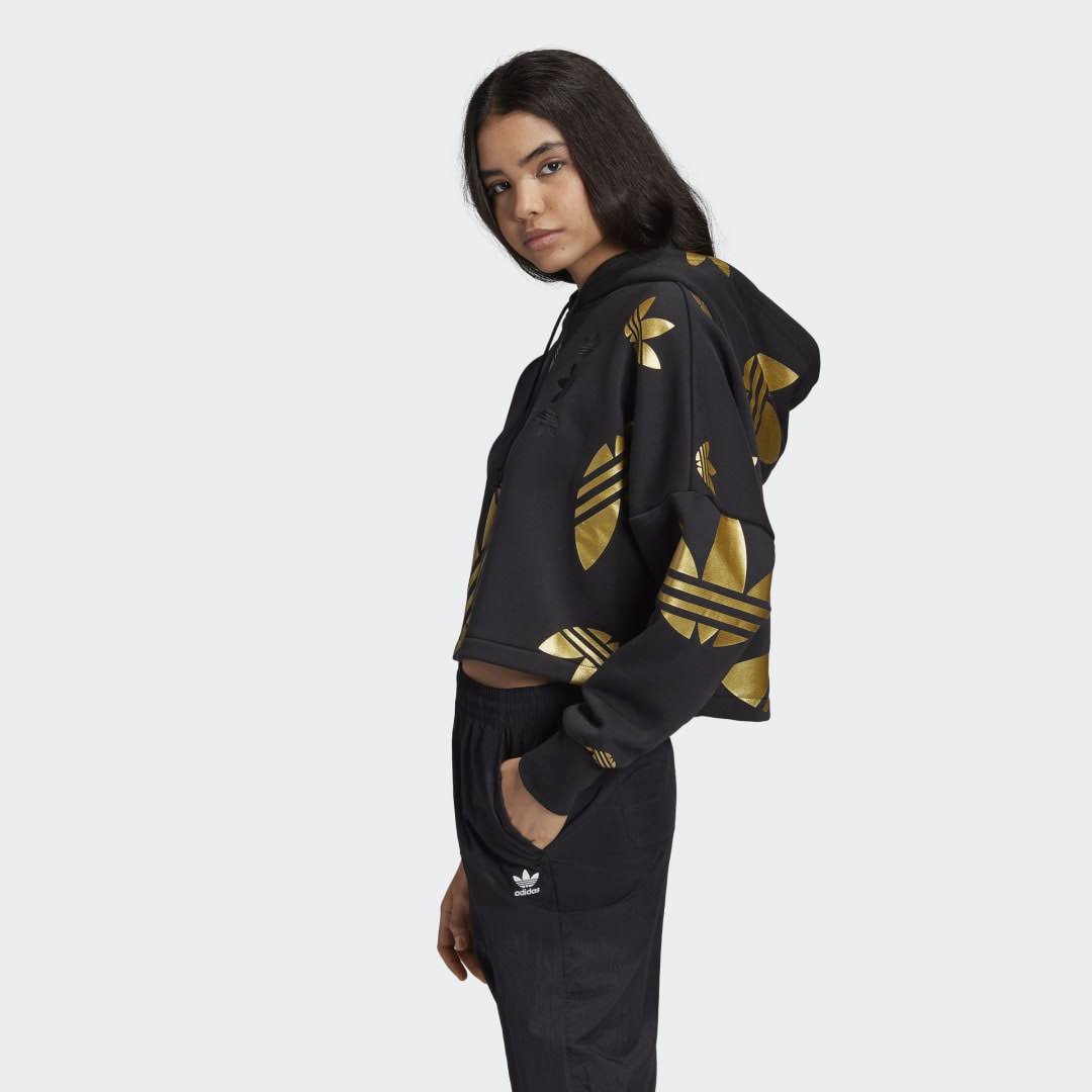 Adidas - Women's Originals Large Logo Cropped Pullover Hoodie (Black | Gold Metallic)