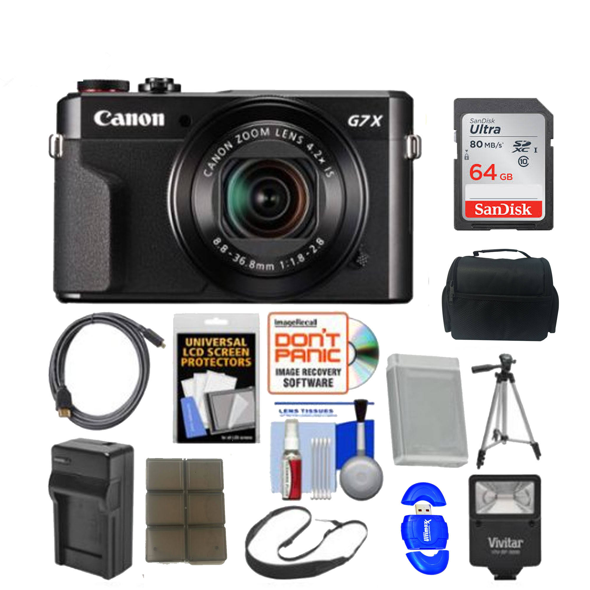 Canon PowerShot G7 x Mark II Wi-Fi Digital Camera with 64GB Card + Case + Flash + Battery u0026 Charger + Tripod + Strap + Kit