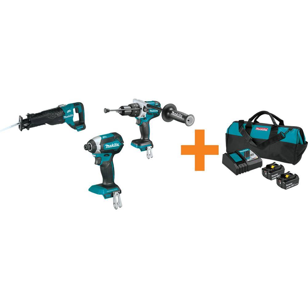 Makita 18V LXT Brushless 1/4 in. Impact Driver, 1/2 in. Hammer Driver-Drill and Recipro Saw with Bonus 18V LXT Starter Pack XDT1