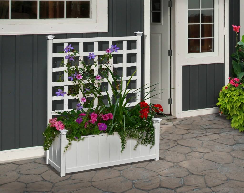 New England Arbors Huron Vinyl Planter with Trellis, White
