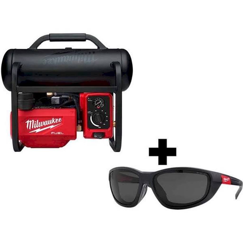 Milwaukee M18 Fuel 18-Volt Lithium-Ion Brushless 2 gal. Electric Compact Quiet Compressor and Polarized Tinted Safety Glasses