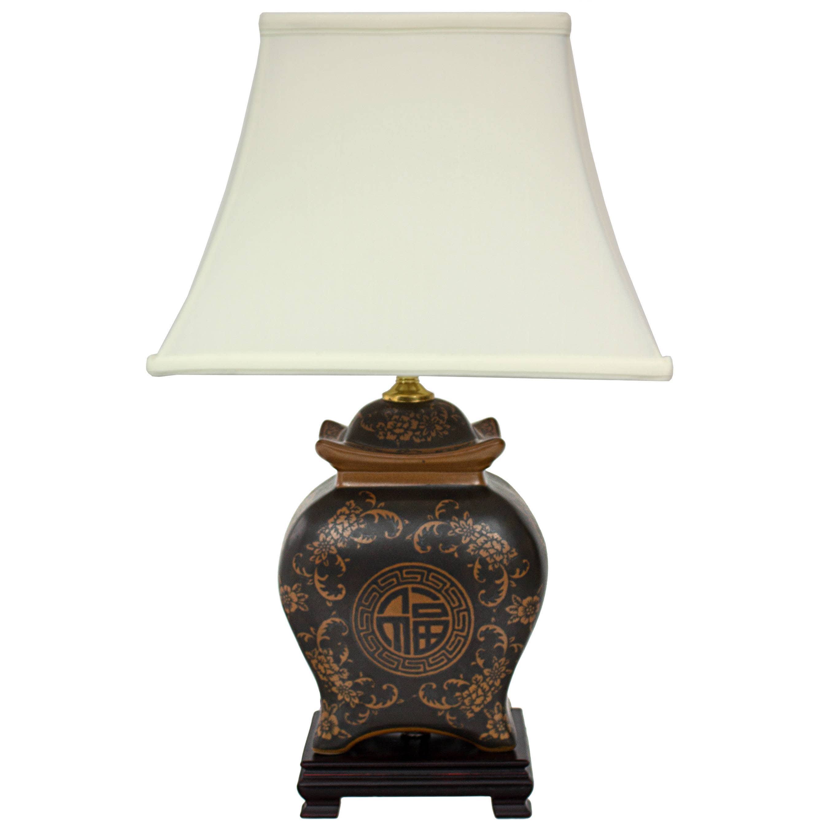 Oriental Furniture 19x22 Black u0026 Brown Medallions Porcelain Lamp