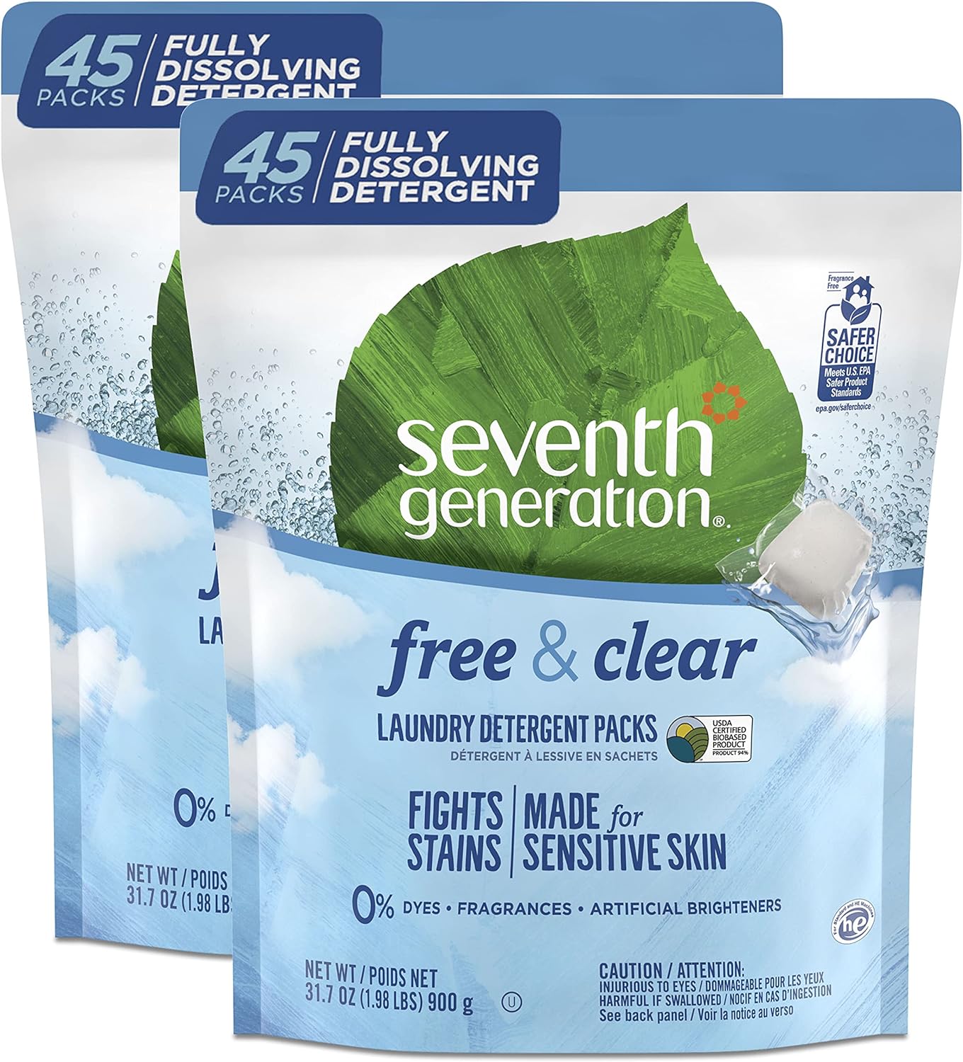 Seventh Generation Laundry Detergent Packs, Free & Clear, 90 Loads (2 pouches, 45 Ct EA)