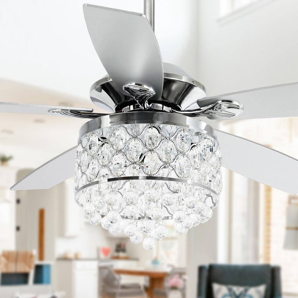 Parrot Uncle Amold 52 in. Indoor Chrome Downrod Mount Crystal Chandelier Ceiling Fan with Light and Remote Control