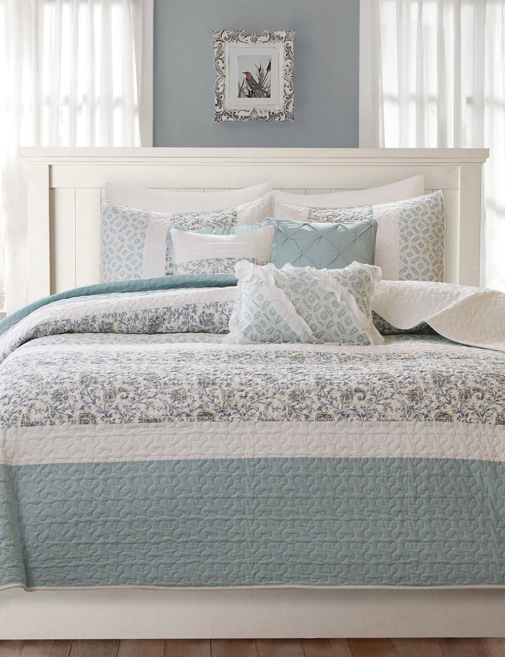 Madison Park - Dawn 6 Piece Cotton Percale Reversible Coverlet Set - Blue - Full/Queen