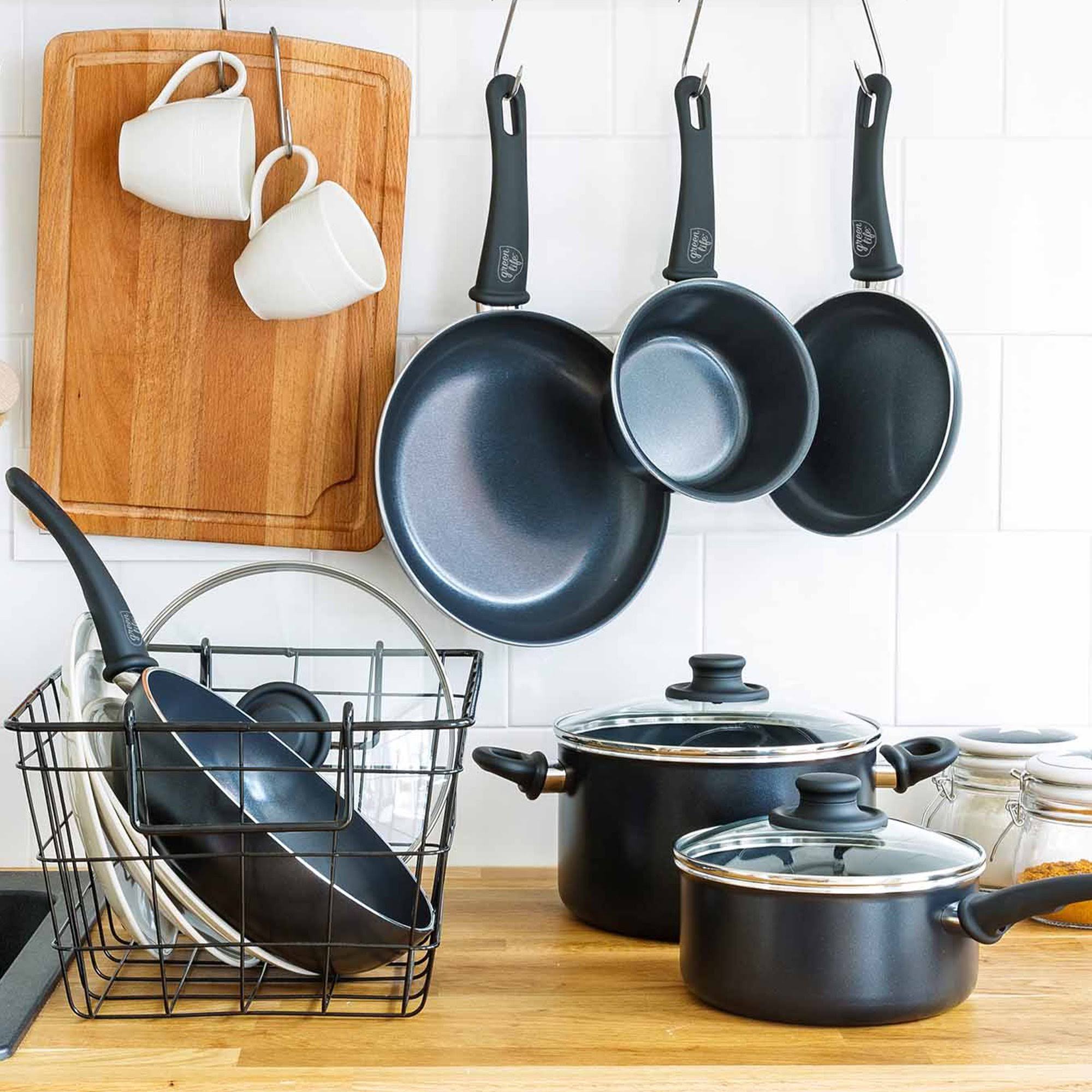 GreenLife Soft Grip Diamond Reinforced 14 Piece Ceramic Non-Stick Cookware Set, Black