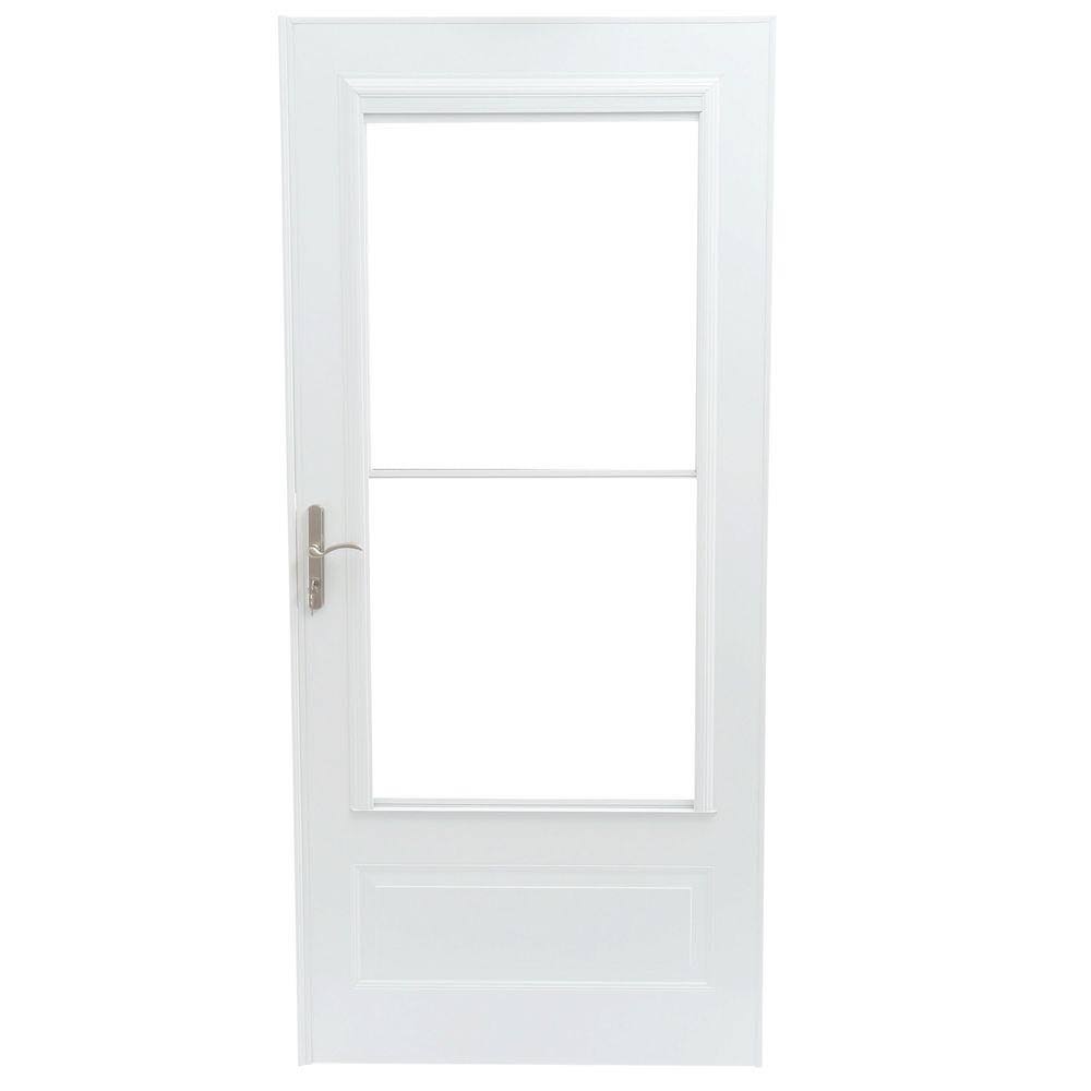 Emco 36 in. x 80 in. 400 Series White Universal Self-Storing Aluminum Storm Door with Nickel Hardware 28120