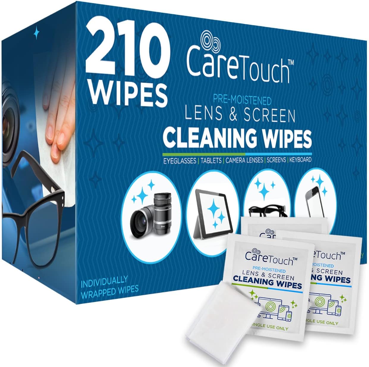 Care Touch Lens Wipes for Eyeglasses | Individually Wrapped Eye Glasses Wipes | 210 Pre-Moistened Lens Cleaning Eyeglass Wipes