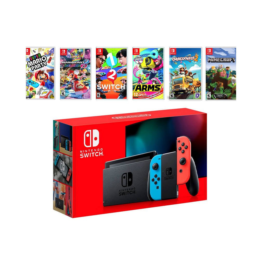 2019 New Nintendo Switch Red/Blue Joy-Con Console Multiplayer Party Game Bundle, Super Mario Party, Mario Kart 8 Deluxe, 1-2 Swi