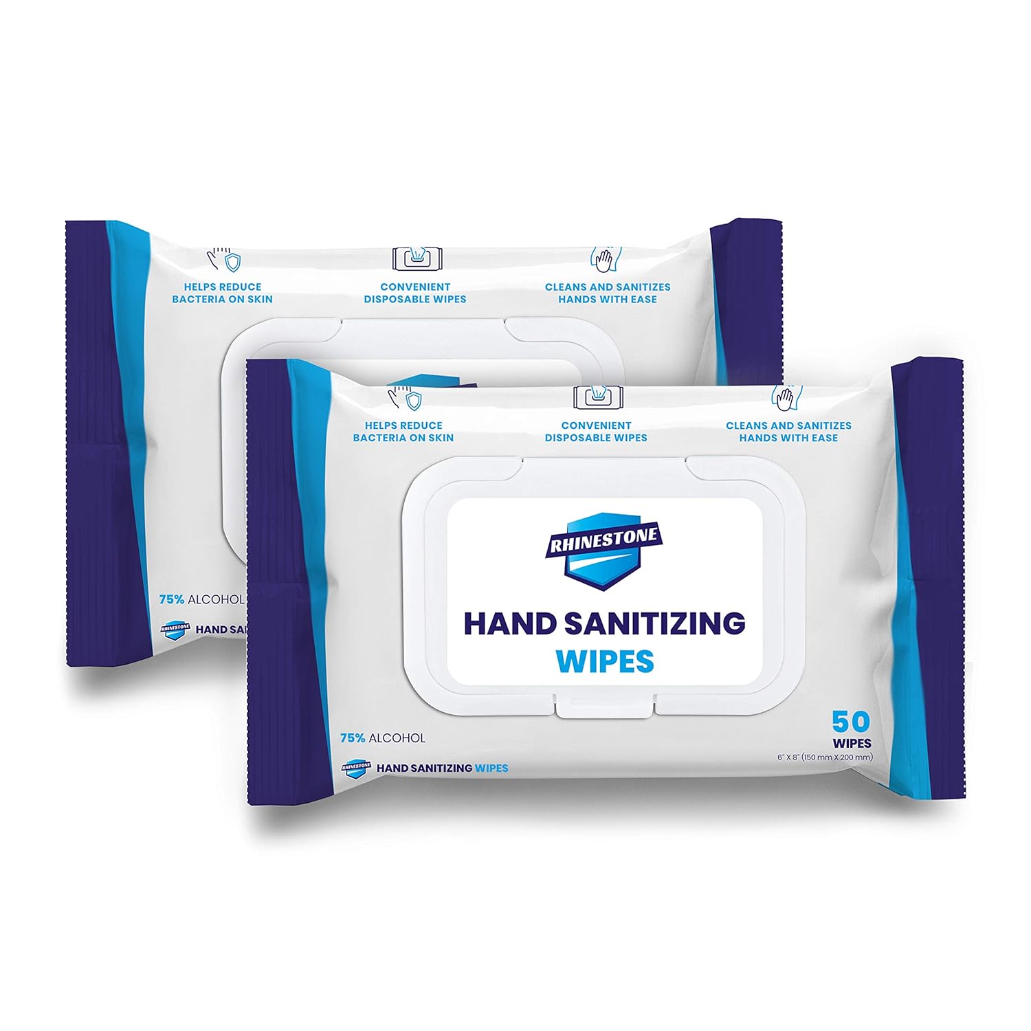 Hand Sanitizer alcohol Wipes, [2-Pack] 50 pc. with 75% alcohol by Rhinestone
