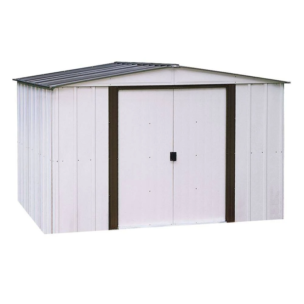 Arrow Newport 10 ft. W x 8 ft. D 2-Tone Eggshell and Coffee Galvanized Metal Shed with Sliding Lockable Doors, Whites