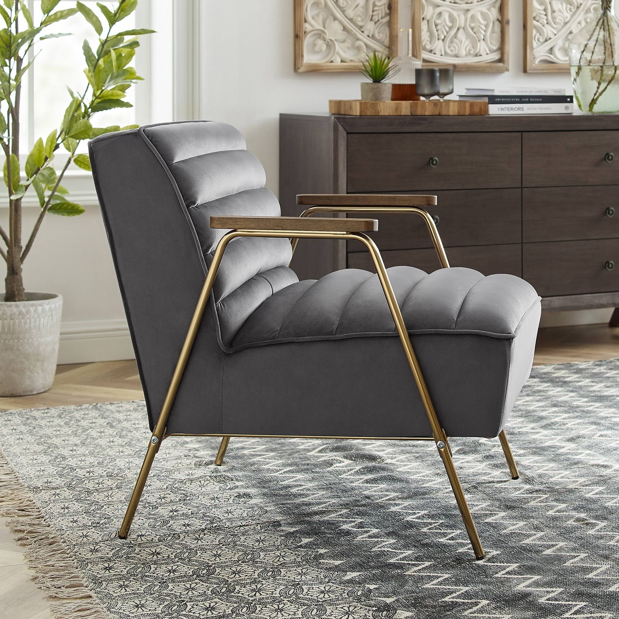 Art Leon Velvet Ribbed Accent Oak Armrest Chair with Metal Frame