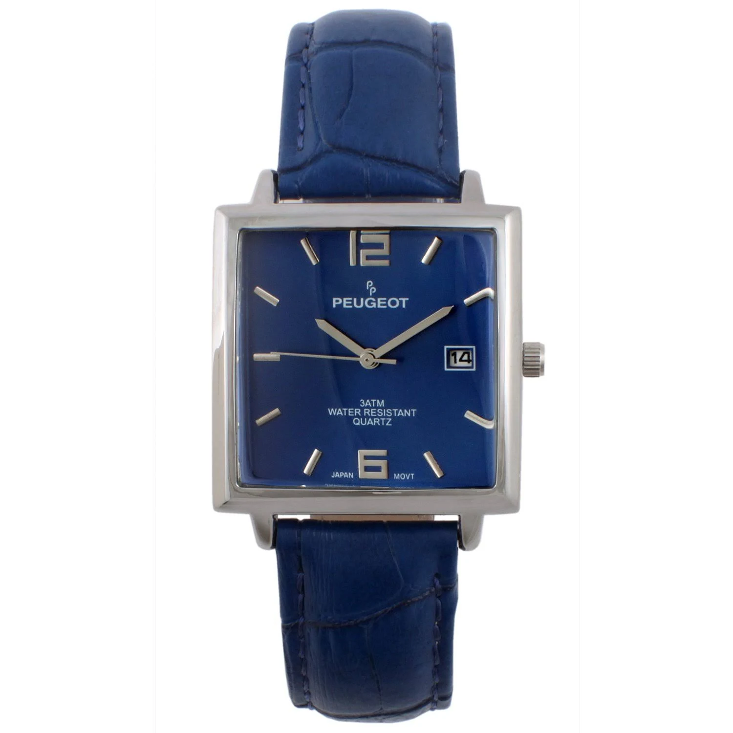 Peugeot Men's Modern Rectangular Bold Blue Leather Strap Watch