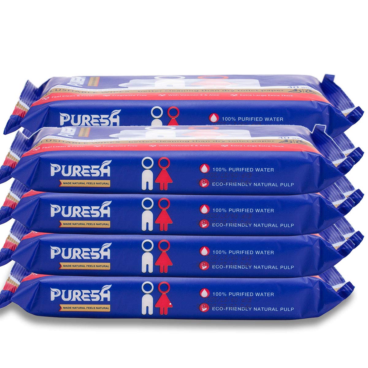 Puresh Flushable Wipes for Adults, Large Unscented Wet Wipes with Vitamin-E & Aloe for at-Home Use, Better Cleaning Than Dry Toilet Paper, Septic and Sewer Safe (40 Count 8 Pack Total 320 Wipes)