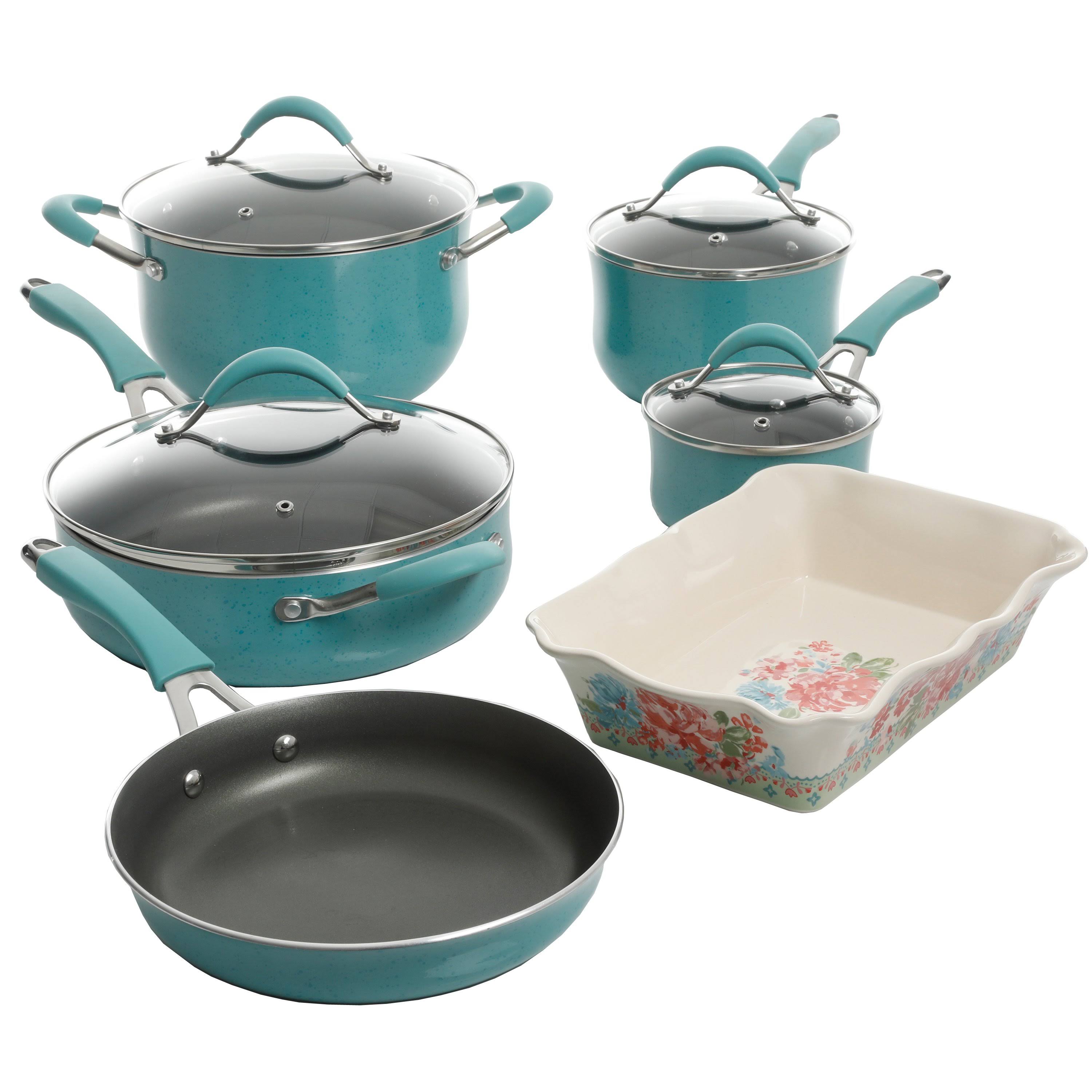 The Pioneer Woman Frontier Speckle 10-Piece Cookware Set, Turquoise