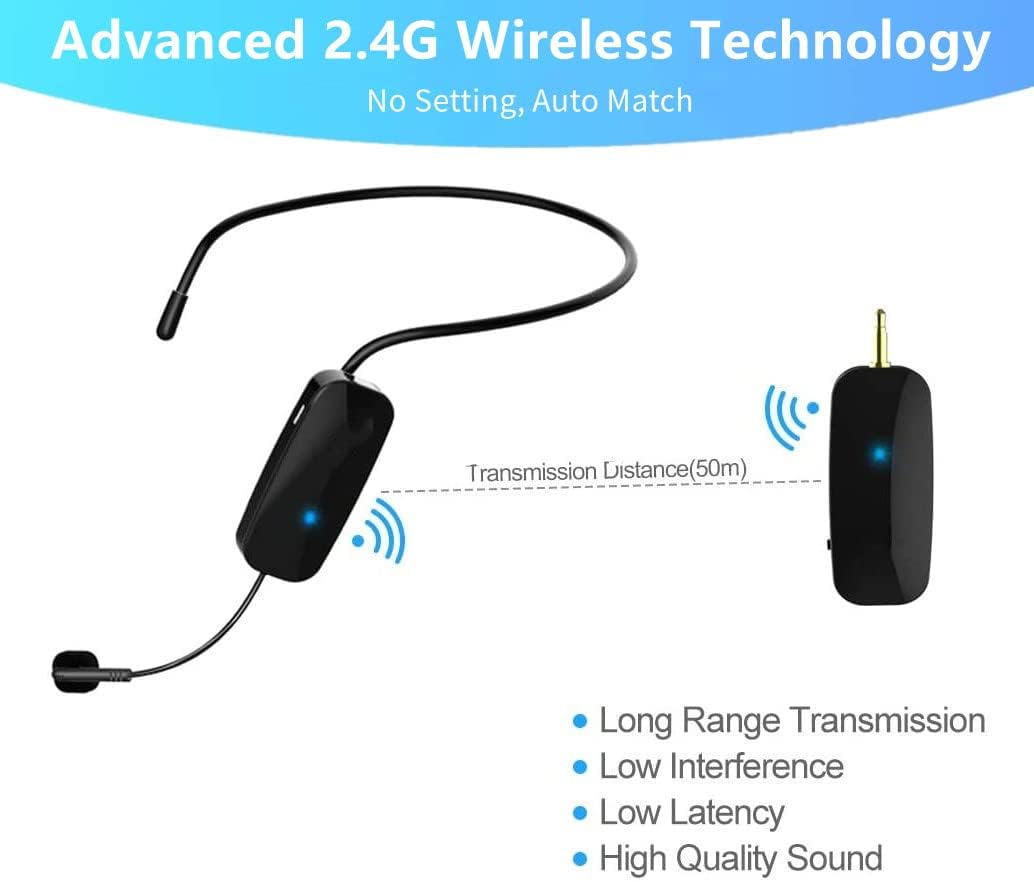 HUACAM Wireless Microphone Headset, Long Range Wireless Headset Mic, 165ft Range, 2.4 G Wireless Microphone 2 in 1, Compatible with Voice Amplifier, Camera Recording, PA System