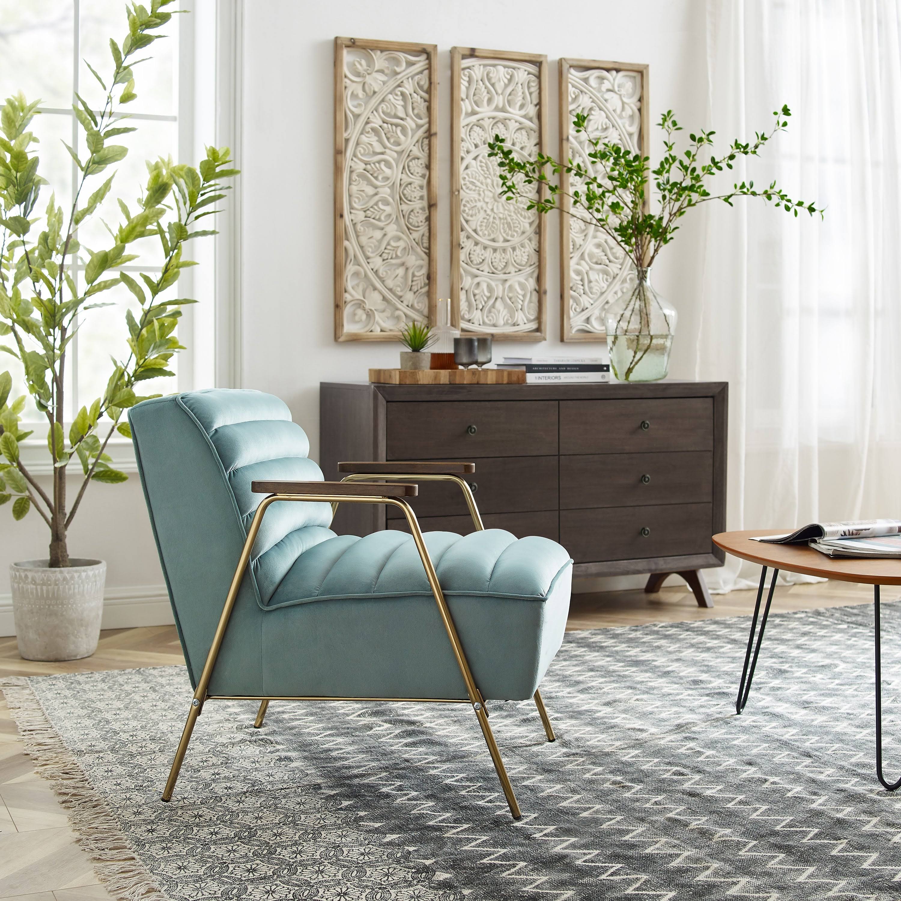 Art Leon Velvet Ribbed Accent Oak Armrest Chair with Metal Frame