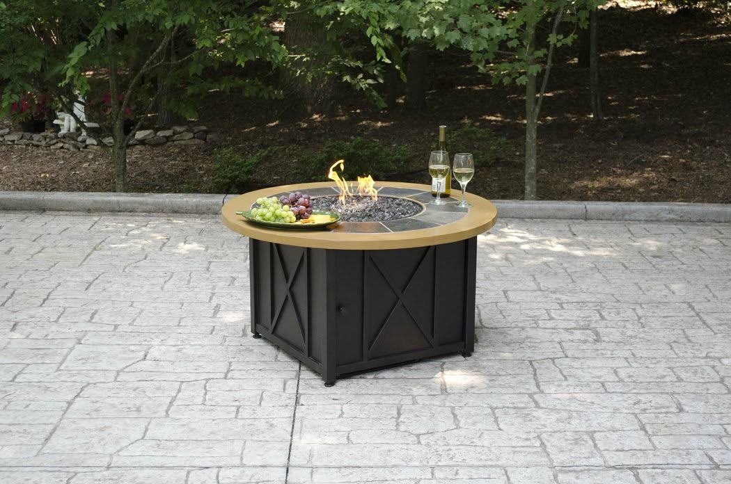 Blue Rhino LP Gas Fire Pit Bowl with Slate and Faux Wood Mantel, Black, Round