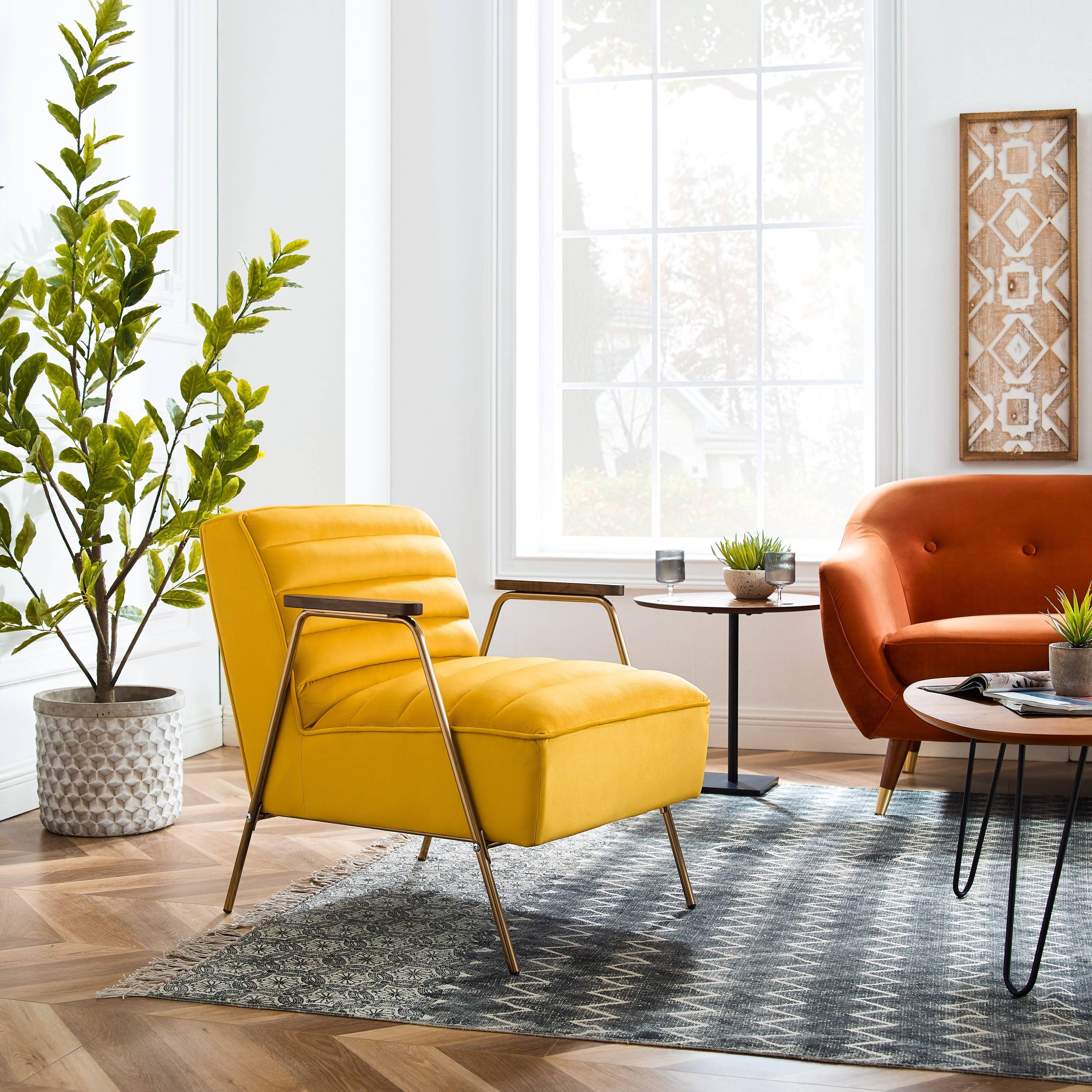 Art Leon Velvet Ribbed Accent Oak Armrest Chair with Metal Frame