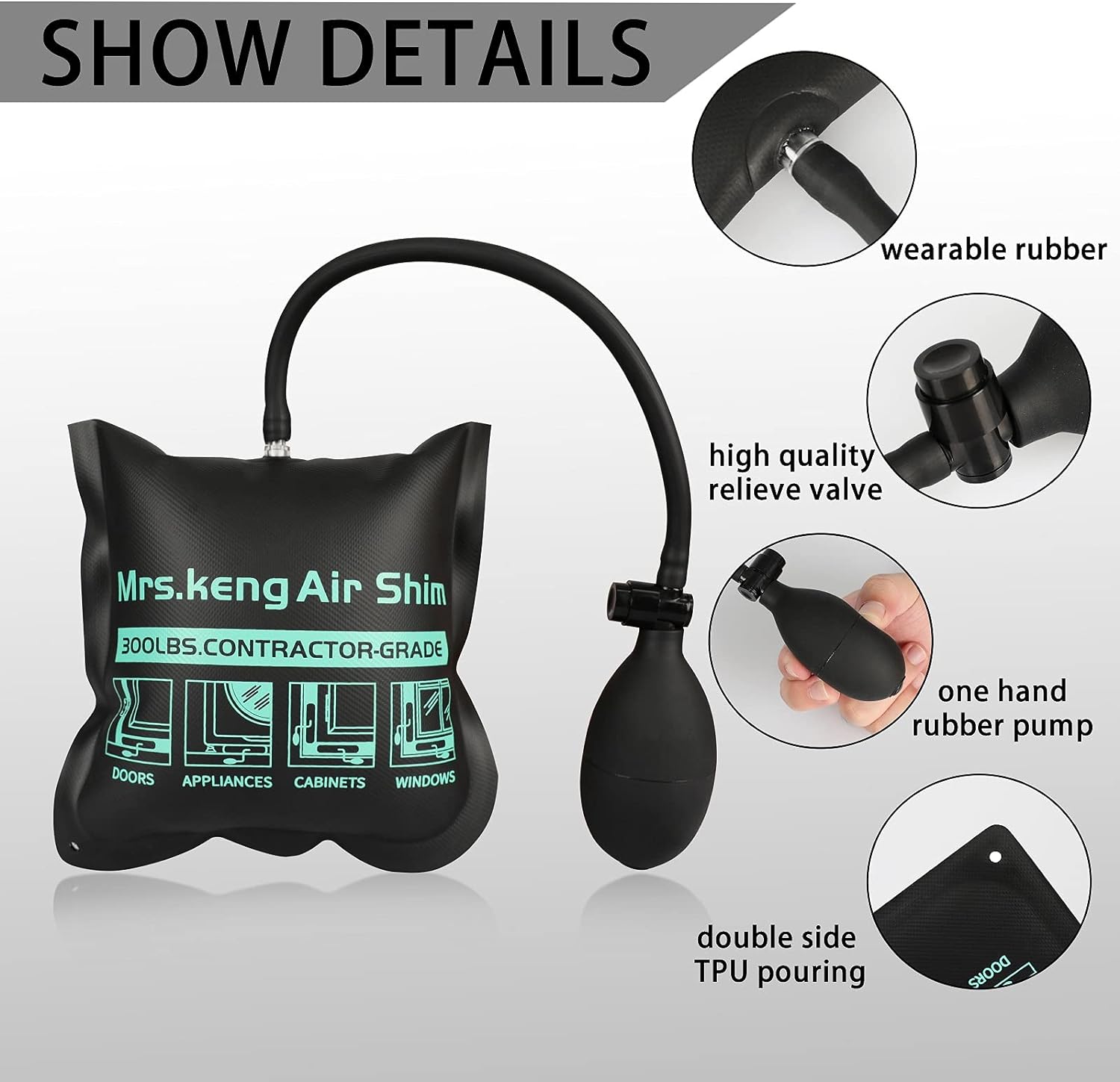 Air Wedge Bag Kit, 2 PCS Air Wedge Pump Leveling Kit and Leveling Alignment Tool, Household Inflatable shim Bag for Window,Car,Door Installation Suitable All Kinds of Job,500LB Rating,300LB Rating