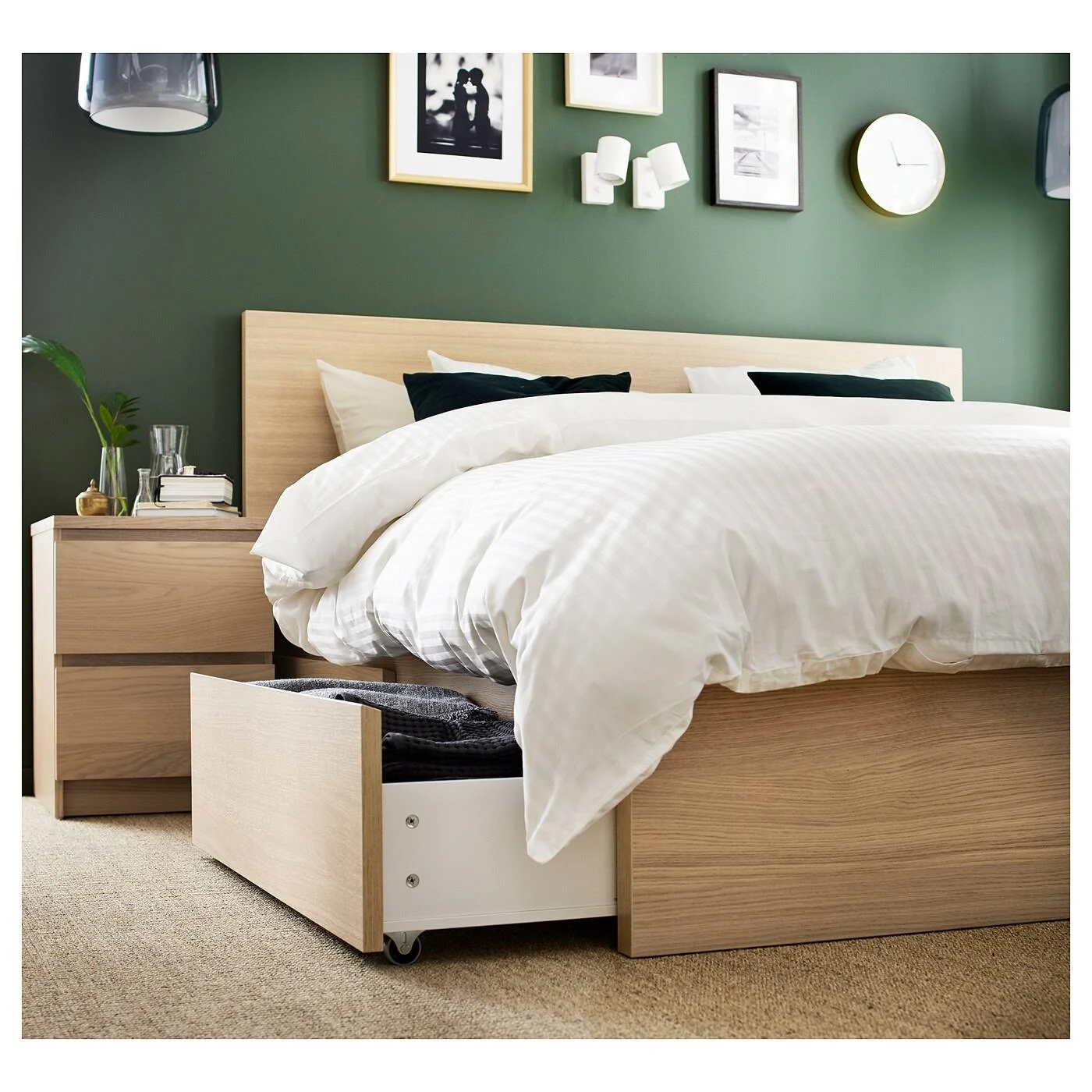 IKEA - Malm High Bed frame/4 Storage Boxes, White Stained Oak Veneer, King