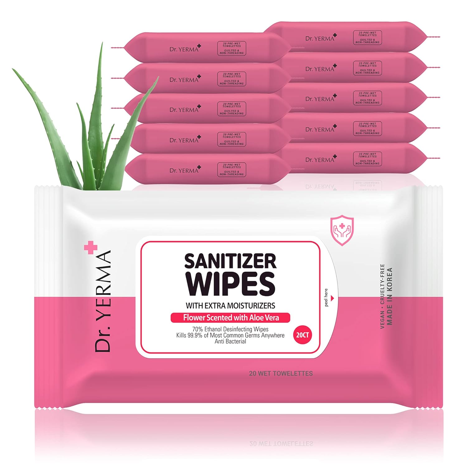 YERMA Alcohol Wipes Hand Sanitizing Wipes with Aloe Vera - Vegan Flower Scented (10 Pack x 20 CT) 70% Alcohol Wet Wipes with Extra Moisturizers, Travel Size, Disposable, All Skin Types, Cruelty-Free