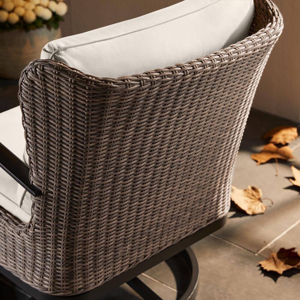 Home Decorators Collection Hazelhurst Brown Wicker Outdoor Patio Swivel High Dining Chairs with CushionGuard Almond Tan Cushions