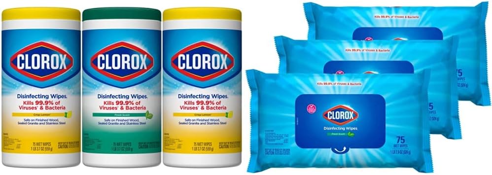 Clorox Disinfecting Wipes Value Pack, 3x 75ct Crisp Lemon and Fresh Scent Canister and 3x 75ct Easy Pull Moisture Seal Pack
