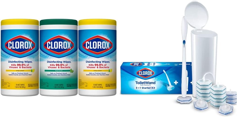 Clorox Disinfecting Value Pack, 3x 75ct Clorox Disinfecting Wipes and Clorox Toilet Wand Disposable Toilet Cleaning System with 16 Disinfecting Refills