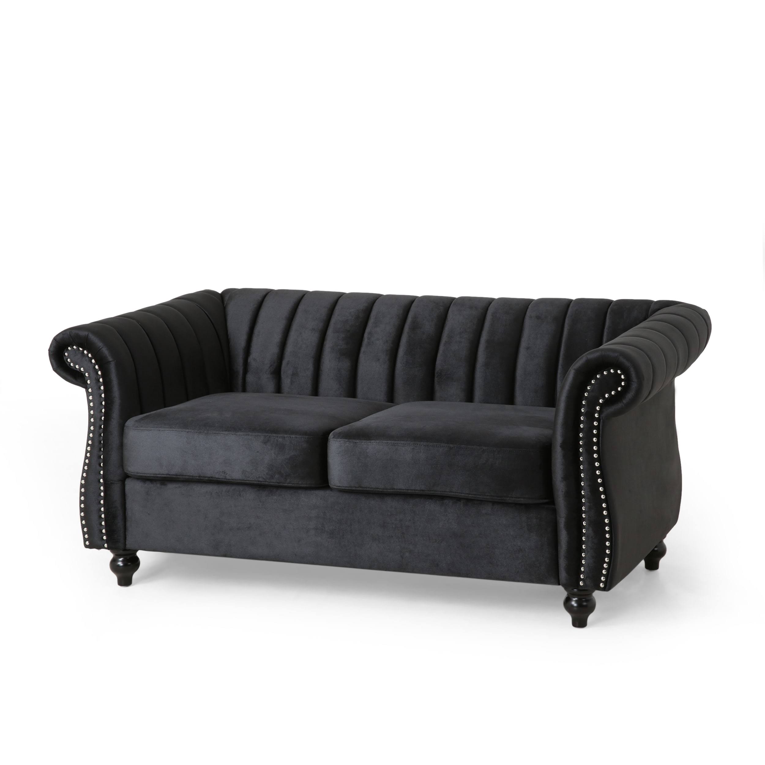 Glenmont Modern Glam Channel Stitch Velvet Loveseat with Nailhead Trim by Christopher Knight Home (Faux Leather + Dark Brown + E