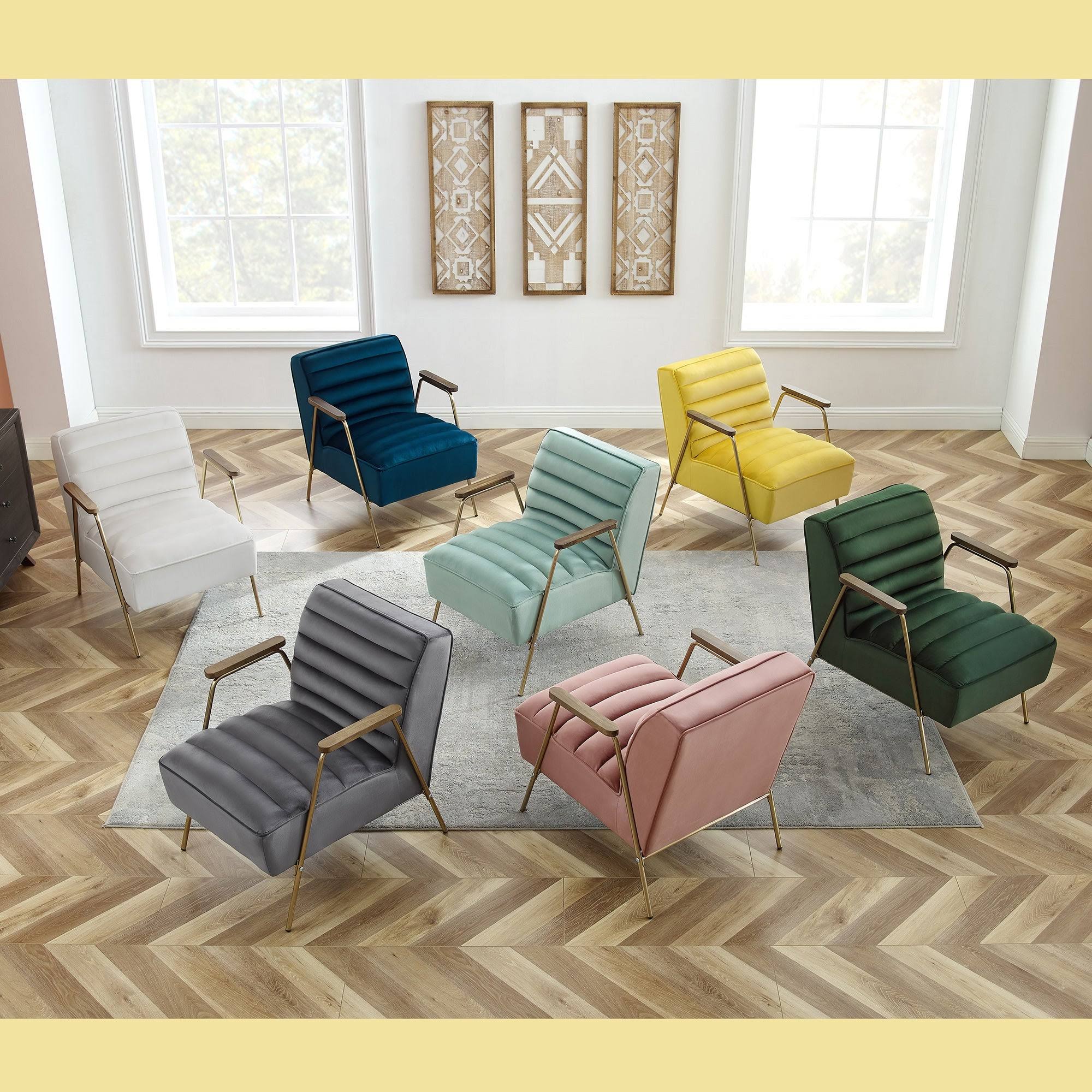 Art Leon Velvet Ribbed Accent Oak Armrest Chair with Metal Frame