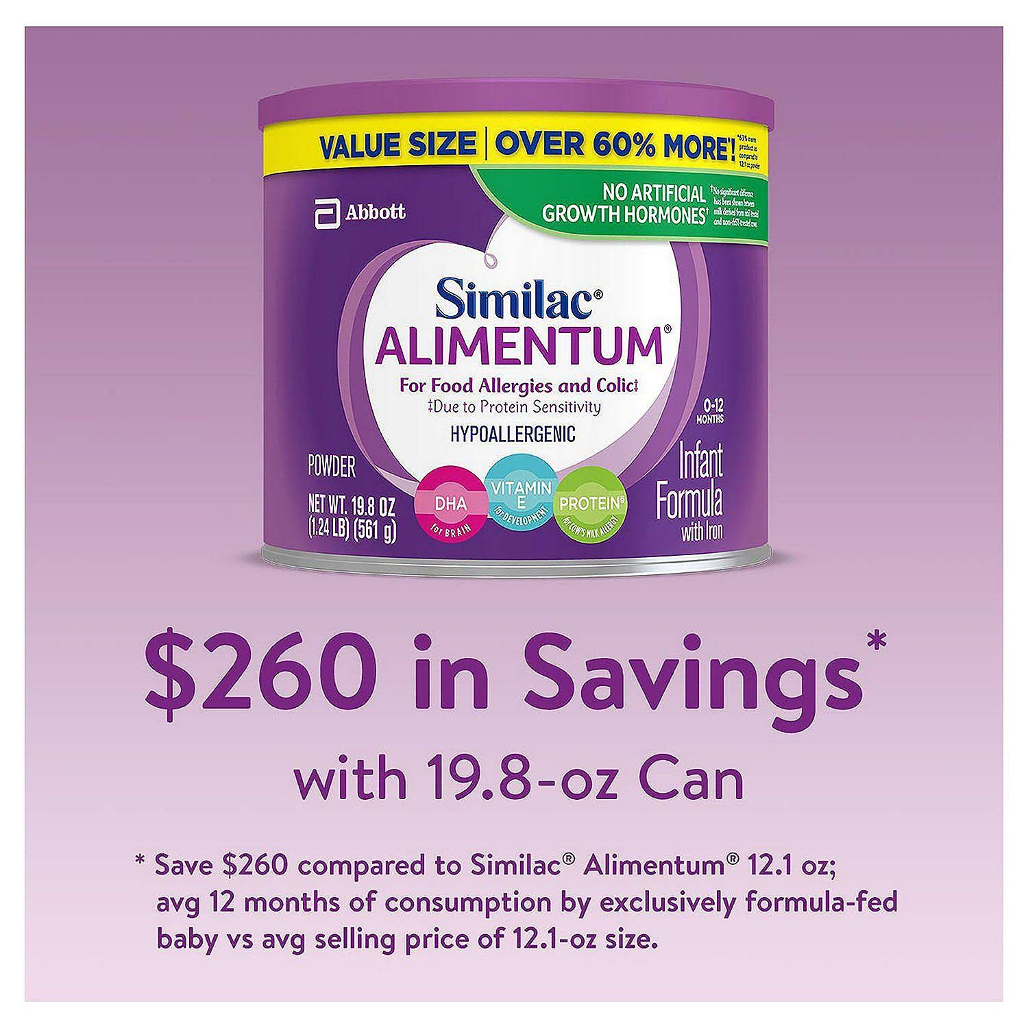 Similac Alimentum Hypoallergenic (4 Pack) Baby Formula for Food Allergies and Colic, Value size, Powder, 19.8 oz