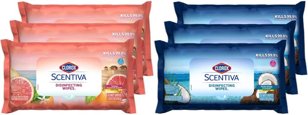 Clorox Scentiva Disinfecting Wipes Value Pack, Mixed Scents, 3x 75ct Pacific Breeze & Coconut Scent and 3x 75ct Tahitian Grapefruit Splash Scent, 6 pack