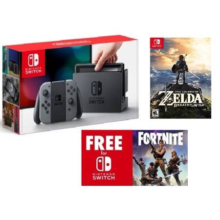 Nintendo Switch Console with Gray Joy-Con Game Bundle with The Legend of Zelda and Free Download Nintendo Switch Fornite Battle