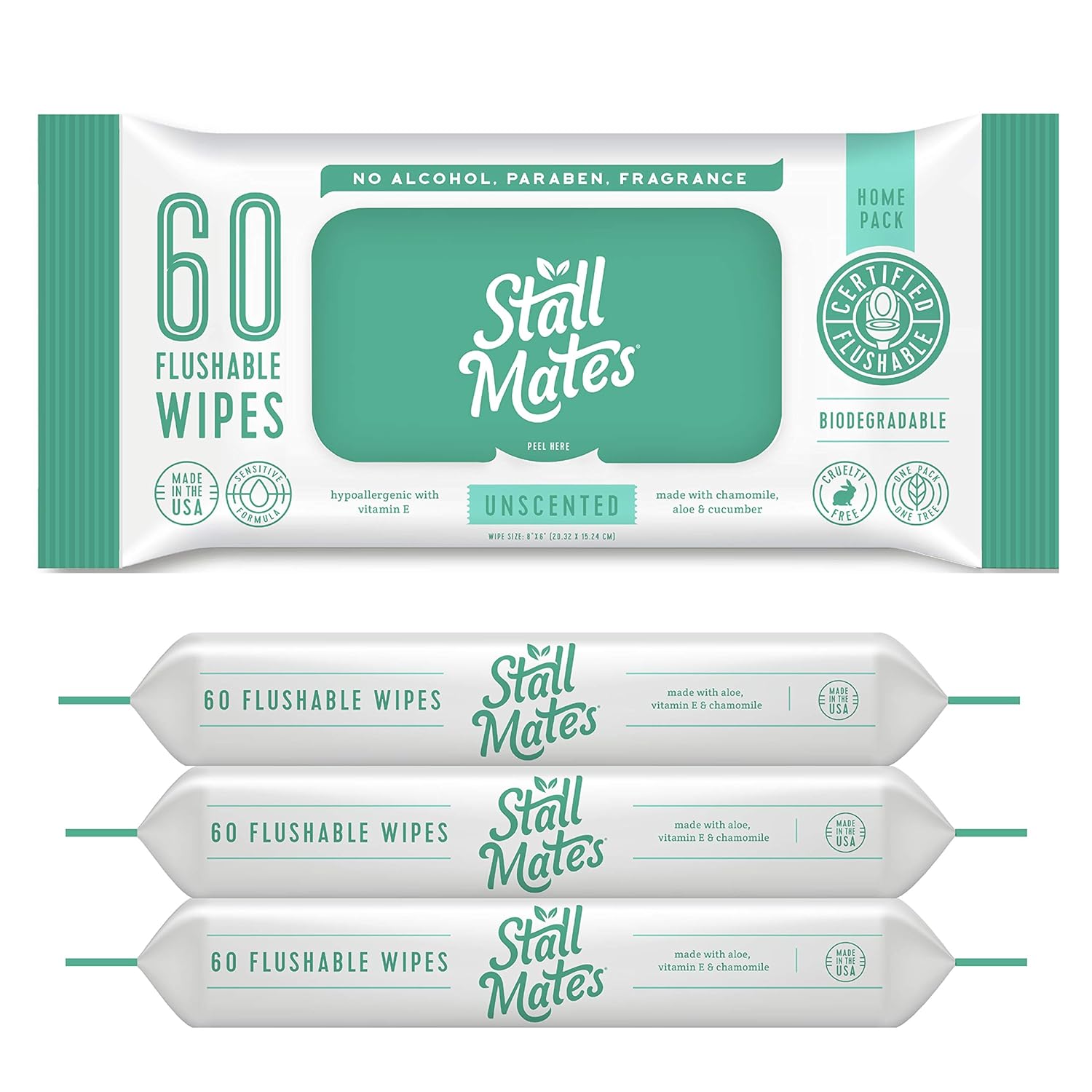 Stall Mates: 60-Wipe Home Pack: Flushable and Hypoallergenic Moist Wipes Made in the USA. Fragrance and Alcohol Free. Aloe, Cucumber, Chamomile. (4)