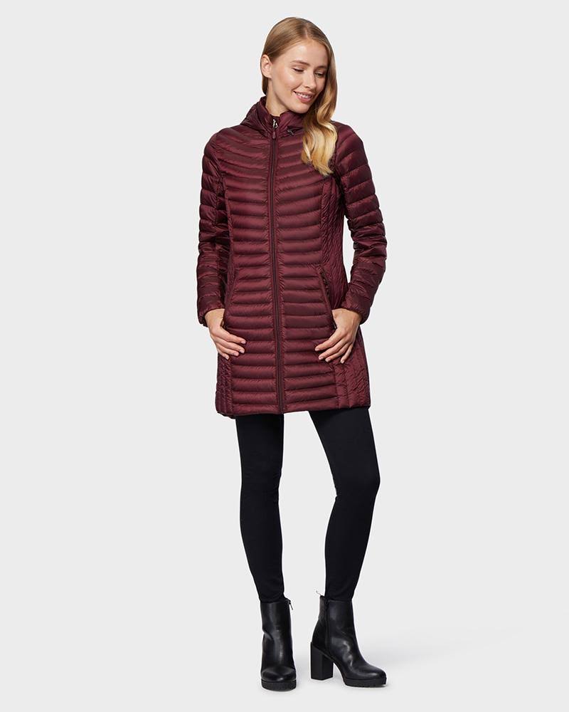32 Degrees Women's Ultra-Light Long Packable Down 3/4 Jacket Bourgogne / XL