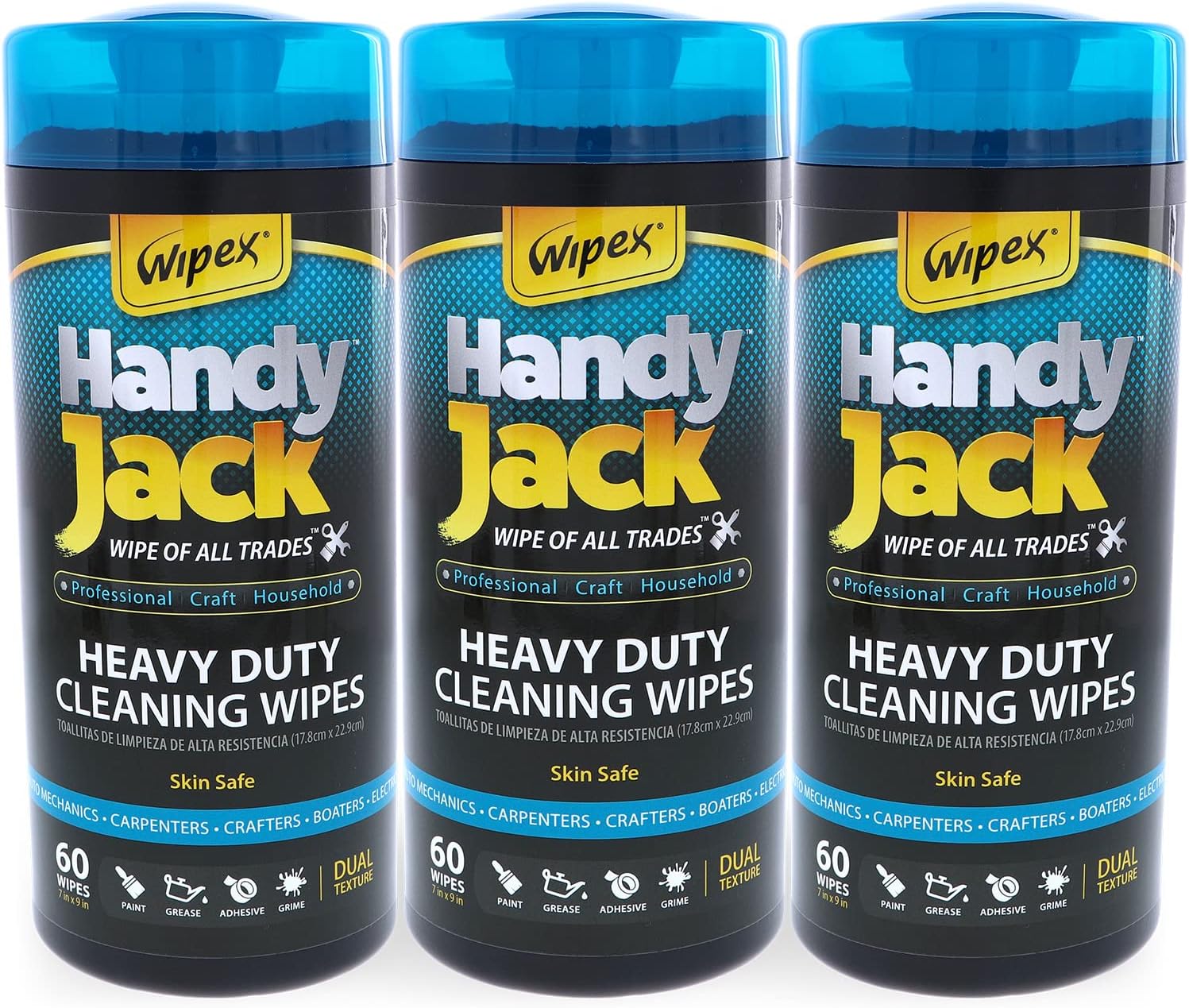 Wipex Handy Jack Heavy Duty Wipes, Dual-Texture Cleaning Cloth - Used for Hands, Equipment, Tools, Garden, Automotive, Easily Removes Paint, Oil, Grease, & Dirt (3pk, 180 Wipes Total)