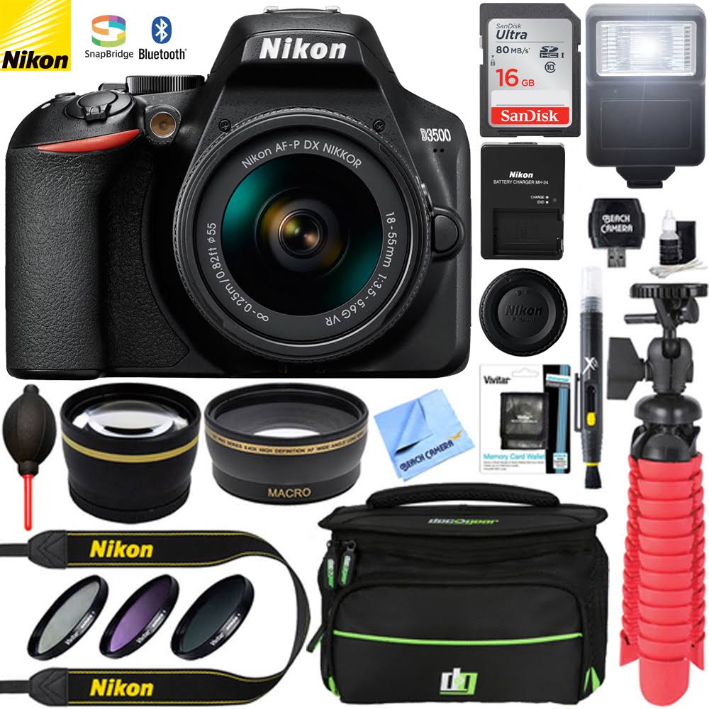 Nikon D3500 24.2MP DSLR Camera + Af-p DX 18-55mm VR Nikkor Lens Kit + Accessory Bundle (Renewed)