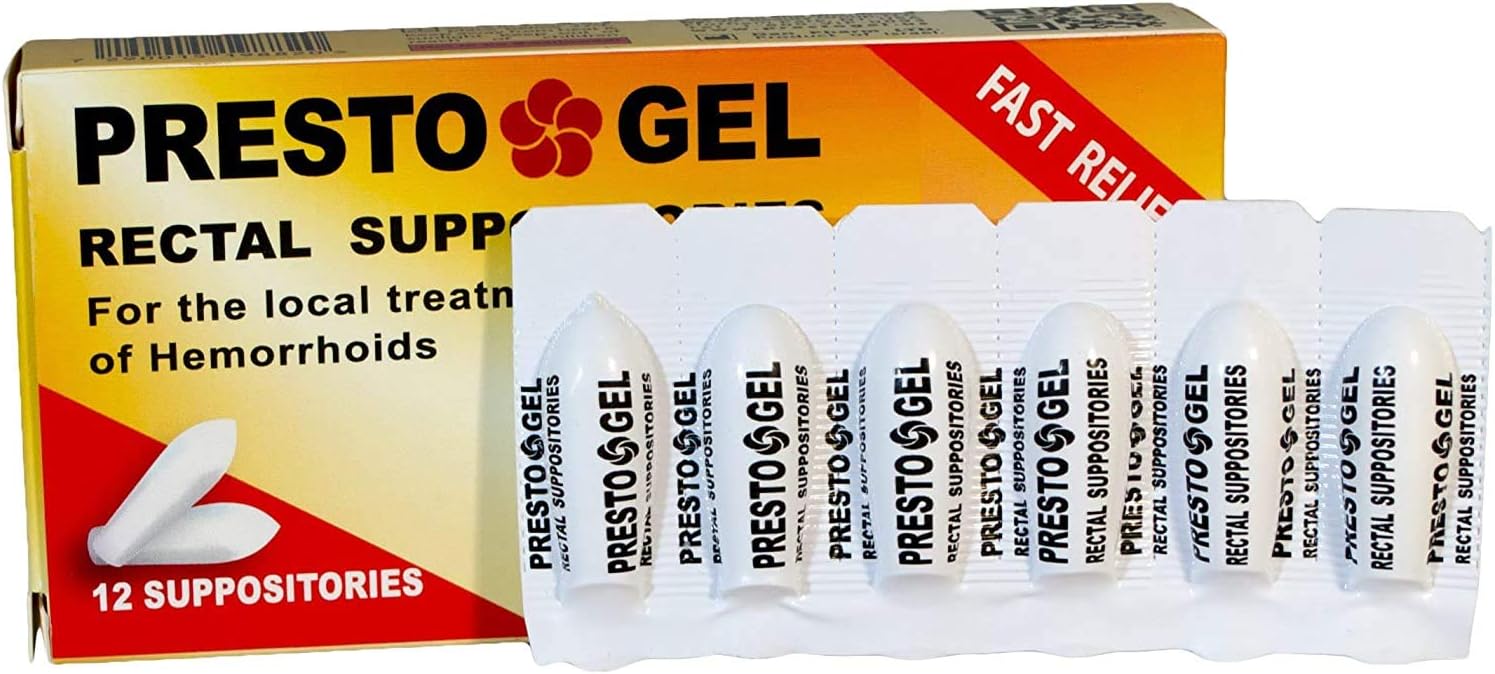 Presto Gel - Natural Hemorrhoid Rectal Suppositories - Rapid Hemorrhoid Treatment and Relief from Itching, Swelling, Burning and Discomfort - Pack of 12