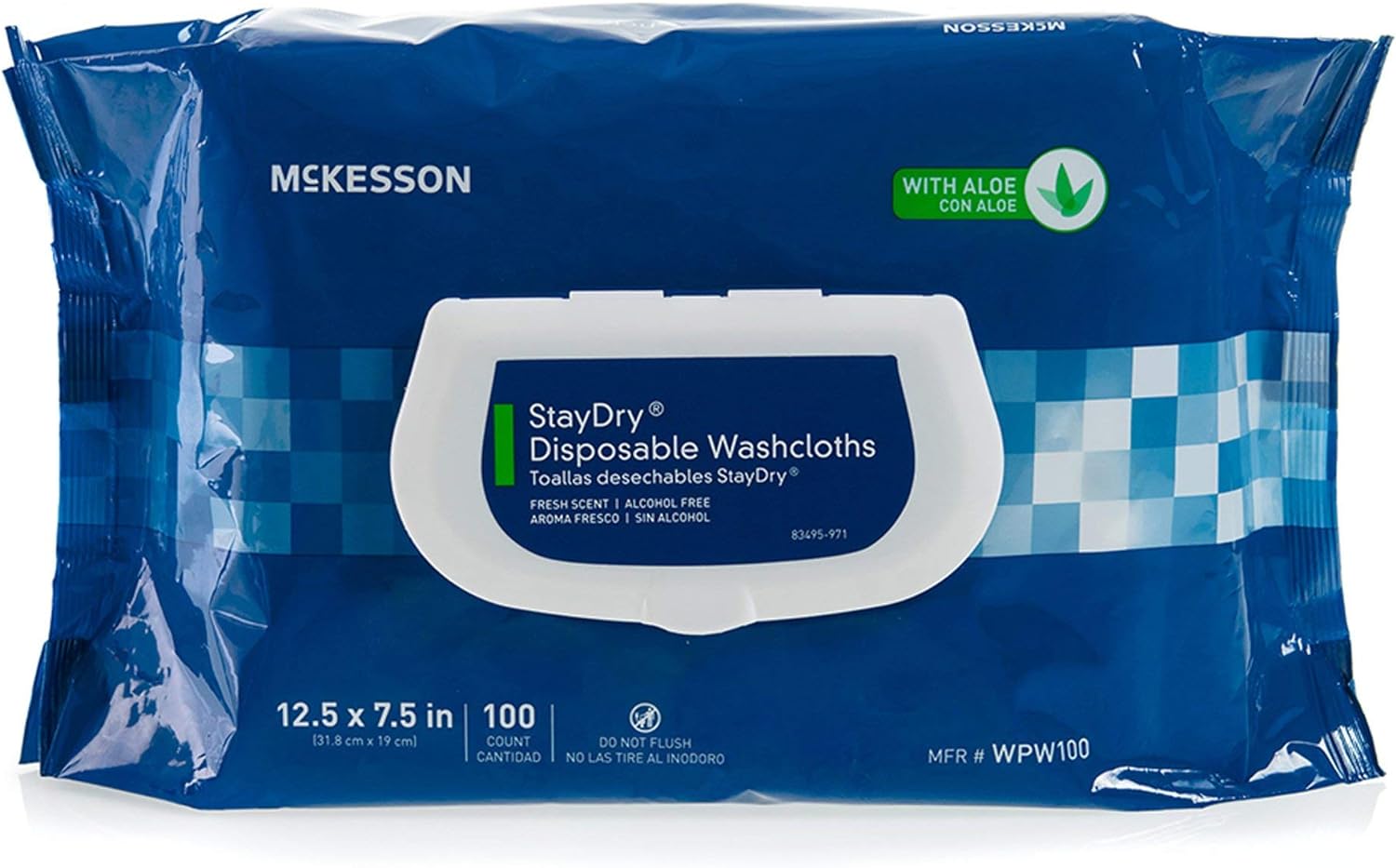 McKesson StayDry Disposable Wipes or Washcloths for Adults with Aloe, Incontinence, Alcohol-Free, 100 Wipes, 6 Packs, 600 Total